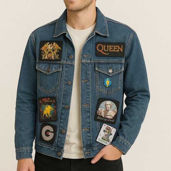 Denim Trucker jacket customized w Queen Freddy Mercury band patches Unisex - Picture 4 of 14